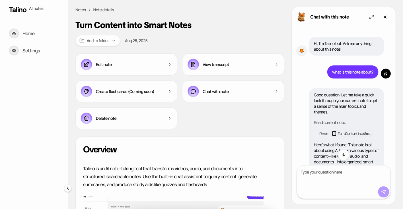 Talino AI Note-Taking App Interface
